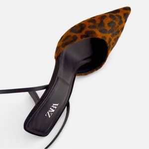 ZARA Leather calf hair cheetah animal print wrap around kitten mules NWT 7.5